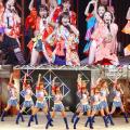 （上から）大阪のファンの前で熱唱する安倍なつみ（中央）ら「エルダークラブ」のメンバーと東京で熱演するハロプロ「ワンダフルハーツ」メンバー
