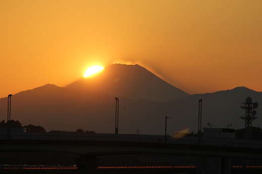 夕日は富士山の左側に