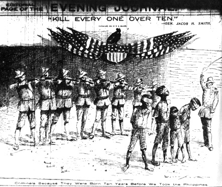 『米比戦争の風刺画』フィリピン人を銃殺しようとするアメリカ兵の背後には「10歳以上の者は皆殺し」と書かれている。